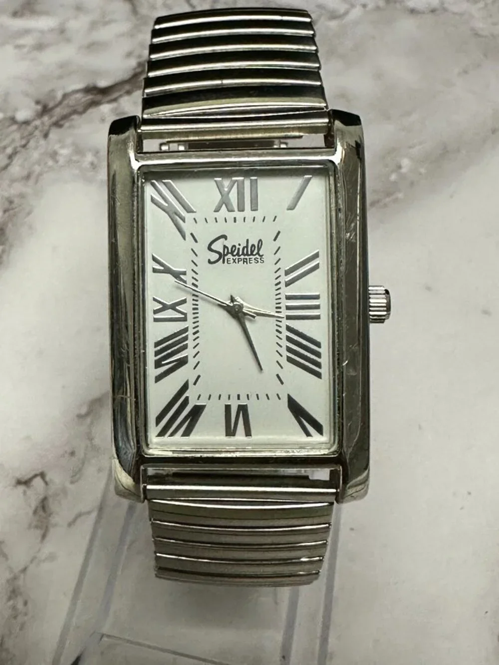 Speidel Tank Watch Women Silver Tone White Dial Stretch Band New Battery 7 Inch